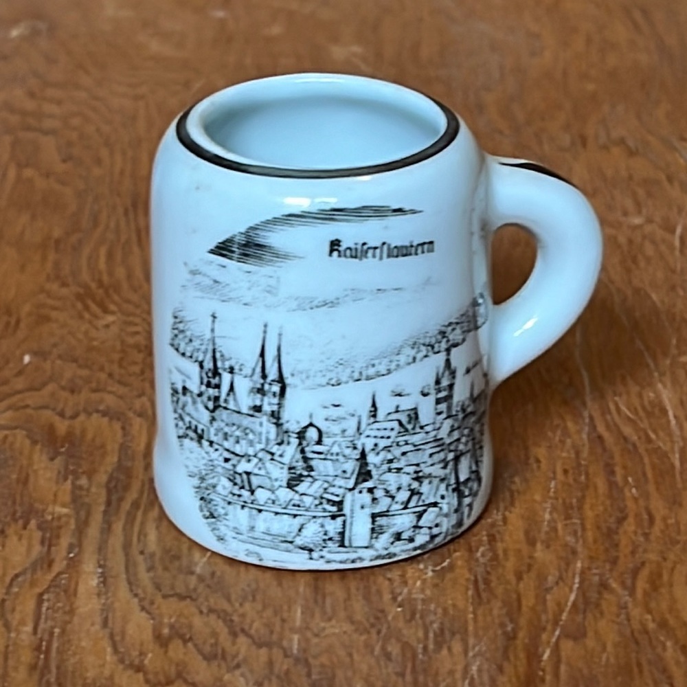 Vintage Mini Ceramic Kaiserslautern Beer‎ Stein Mug Shot Glass Silver Rim